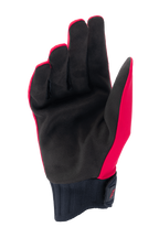 Alpinestars A-Dura Rain Gloves, rękawice MTB, czerwone fluo i czarne, widok od strony dłoni z czarnym syntetycznym zamszem, żebrowany neoprenowy mankiet z zapięciem na rzep, niskoprofilowa konstrukcja do kolarstwa górskiego