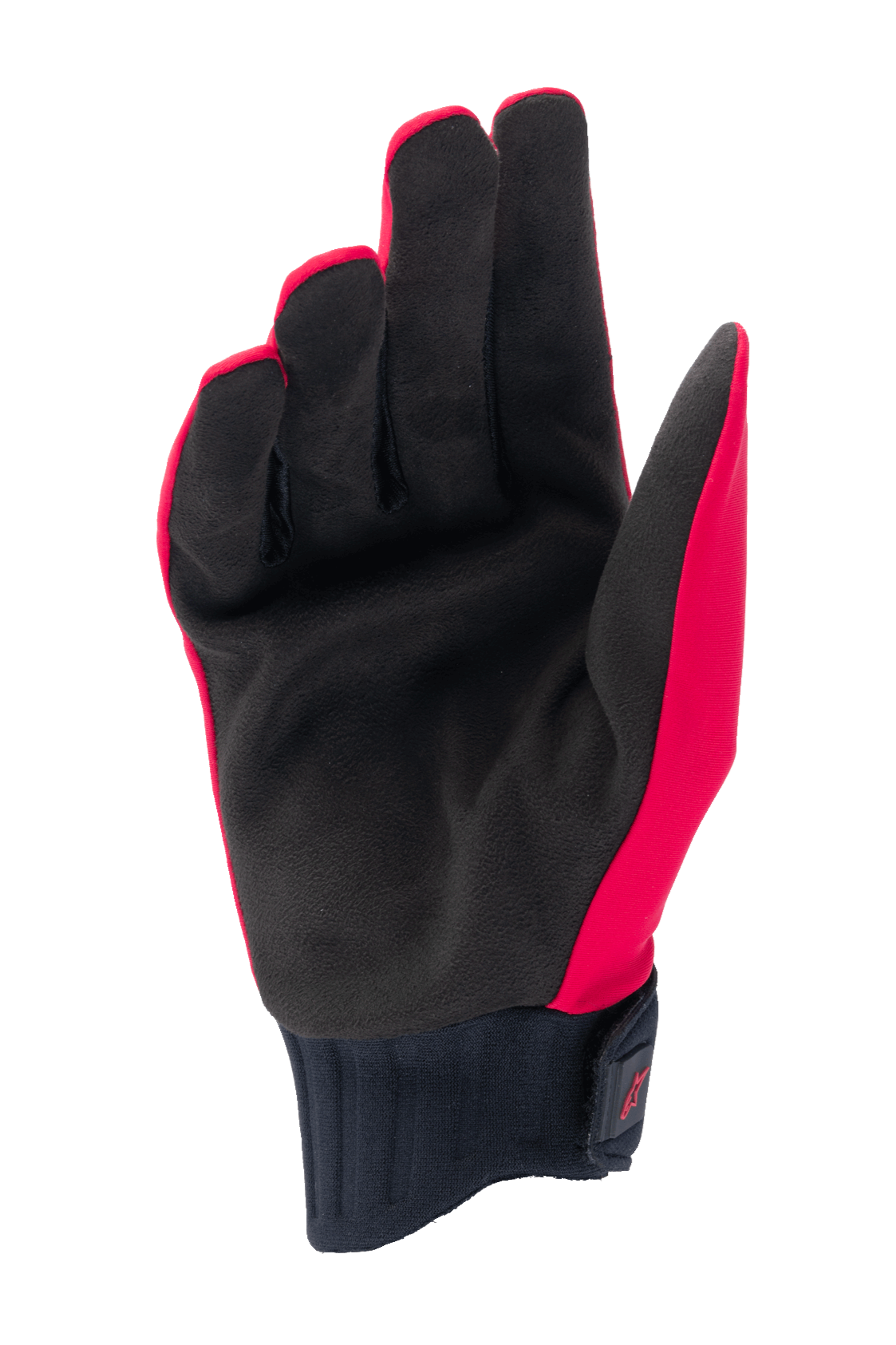 Alpinestars A-Dura Rain Gloves, rękawice MTB, czerwone fluo i czarne, widok od strony dłoni z czarnym syntetycznym zamszem, żebrowany neoprenowy mankiet z zapięciem na rzep, niskoprofilowa konstrukcja do kolarstwa górskiego