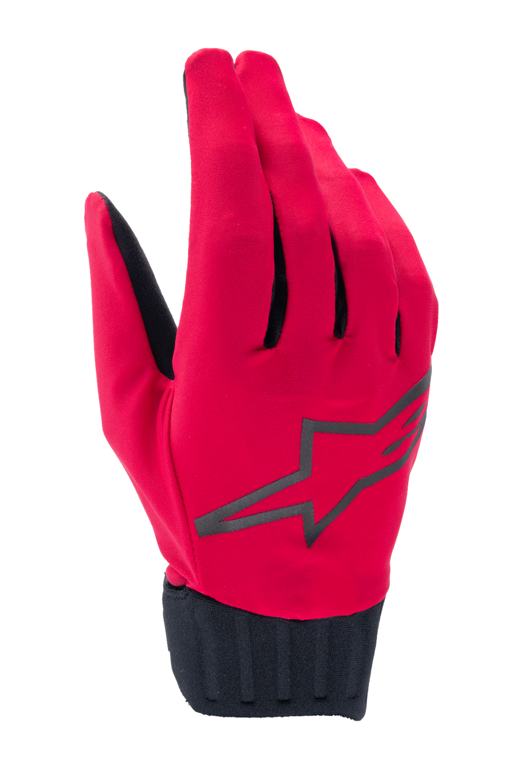 Alpinestars A-Dura Rain Gloves, wodoodporne rękawice rowerowe MTB, czerwone Fluo i czarne, czarne logo w kształcie gwiazdy na wierzchu dłoni, żebrowany czarny mankiet neoprenowy, smukła niskoprofilowa konstrukcja do jazdy w każdych warunkach pogodowych