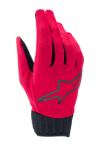 Alpinestars A-Dura Rain Gloves, wodoodporne rękawice rowerowe MTB, czerwone Fluo i czarne, czarne logo w kształcie gwiazdy na wierzchu dłoni, żebrowany czarny mankiet neoprenowy, smukła niskoprofilowa konstrukcja do jazdy w każdych warunkach pogodowych