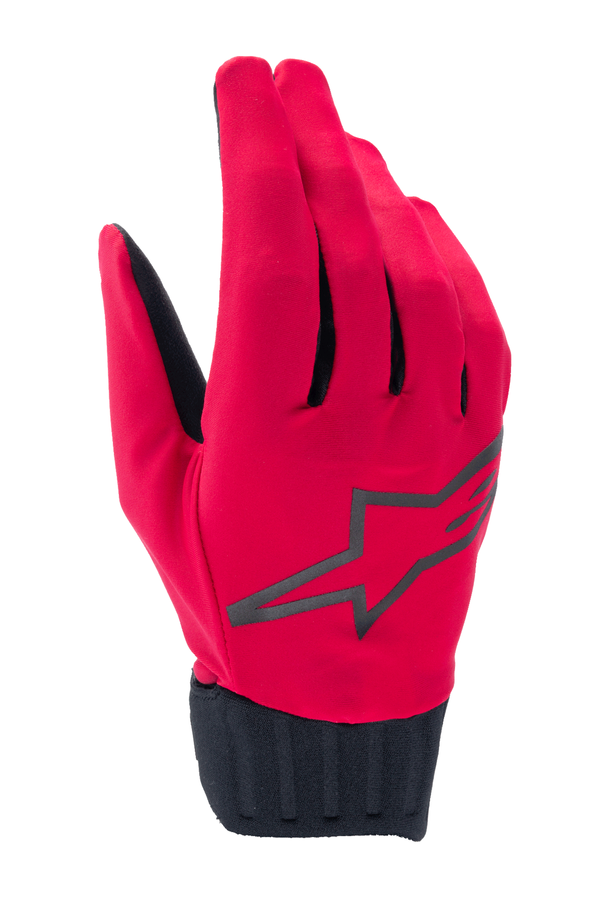 Alpinestars A-Dura Rain Gloves, wodoodporne rękawice rowerowe MTB, czerwone Fluo i czarne, czarne logo w kształcie gwiazdy na wierzchu dłoni, żebrowany czarny mankiet neoprenowy, smukła niskoprofilowa konstrukcja do jazdy w każdych warunkach pogodowych