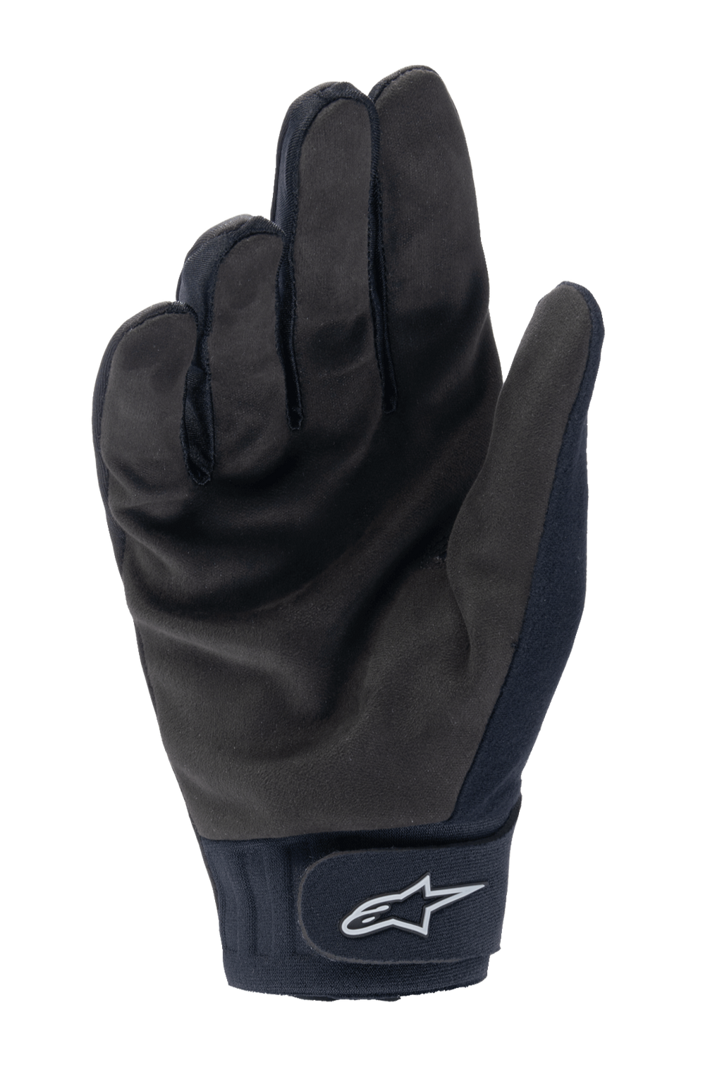 Rękawice Alpinestars A-Dura Thermal, czarne rękawice rowerowe MTB, widok od strony dłoni pokazujący wytrzymały syntetyczny zamsz i zapięcie na rzep z białym logo Alpinestars, termiczna odzież rowerowa na zimne dni