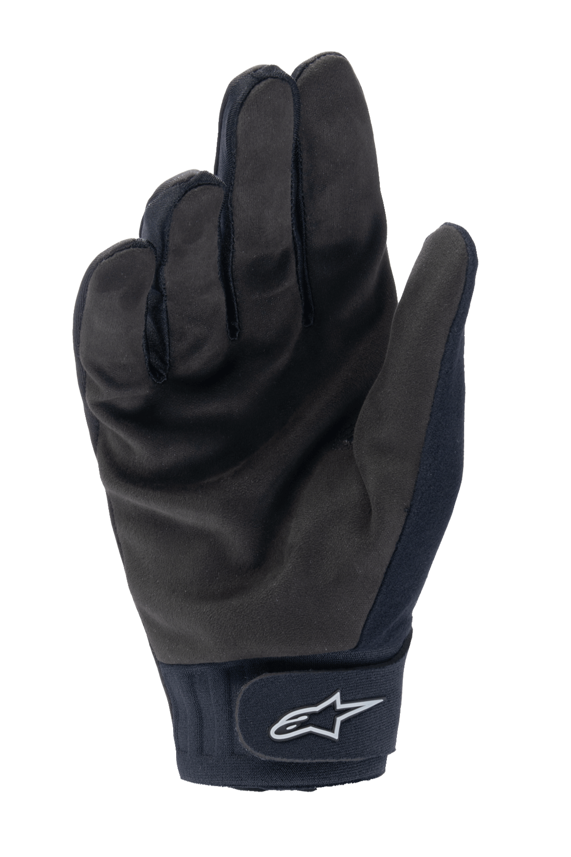 Rękawice Alpinestars A-Dura Thermal, czarne rękawice rowerowe MTB, widok od strony dłoni pokazujący wytrzymały syntetyczny zamsz i zapięcie na rzep z białym logo Alpinestars, termiczna odzież rowerowa na zimne dni