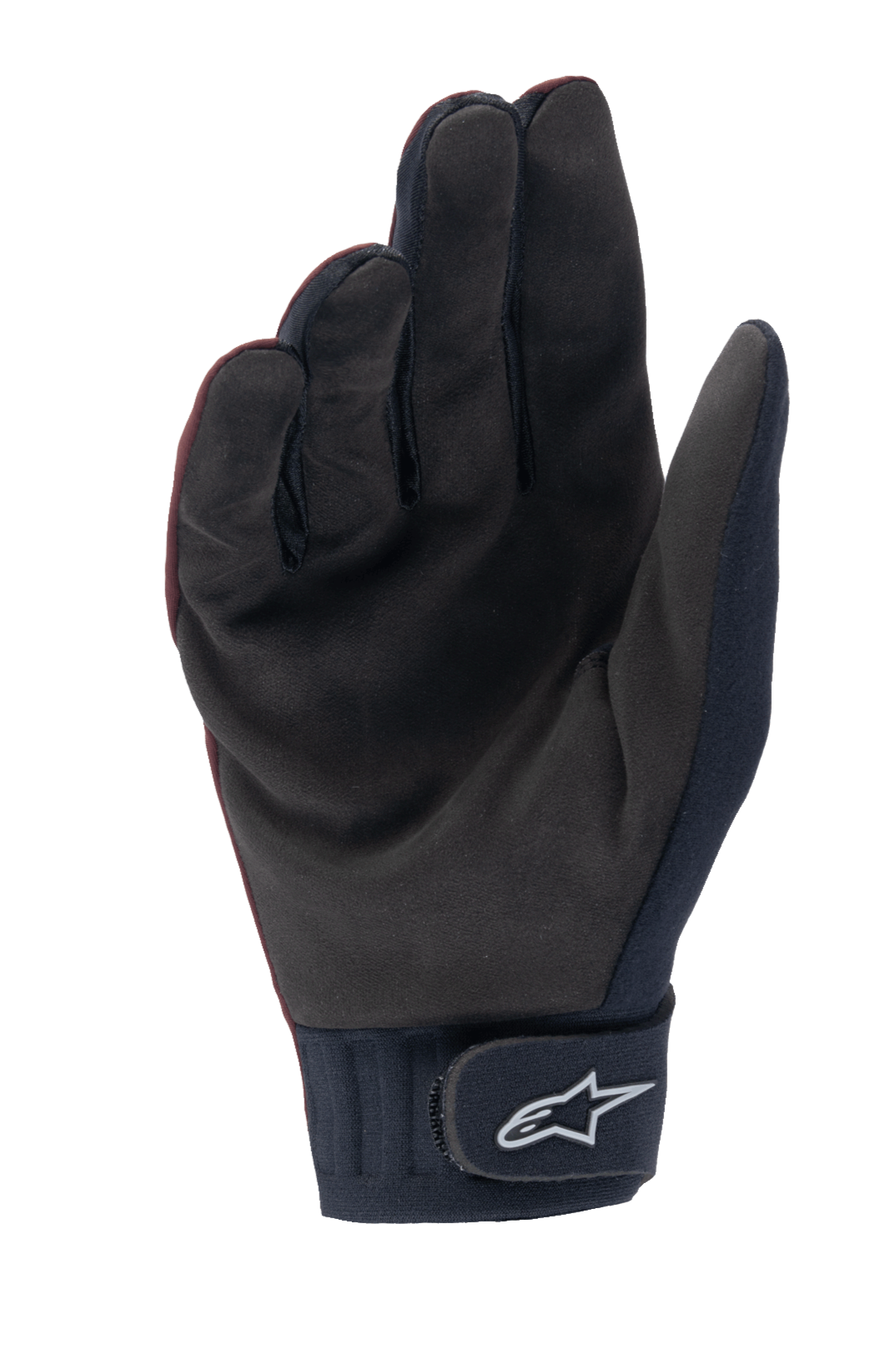 Rękawice Alpinestars A-Dura Thermal, rękawice MTB, ciemnobordowe i czarne, widok wewnętrznej części dłoni z syntetycznego zamszu, neoprenowy mankiet z zapięciem na rzep i białym logo Astar, zaprojektowane do jazdy na rowerze górskim w chłodne dni