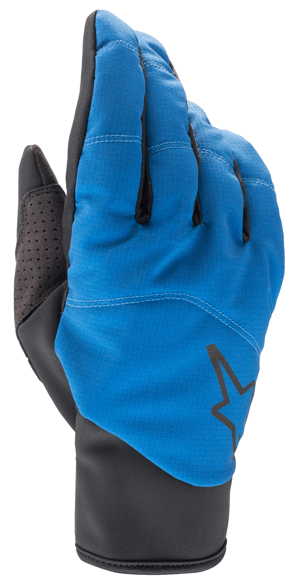 Alpinestars Denali 2 Gloves, rękawice rowerowe MTB, niebiesko-czarne, z odpornym na warunki pogodowe grzbietem typu softshell, czarnym logo z gwiazdą, perforowanym wzmocnieniem kciuka i dopasowanym wsuwanym mankietem do jazdy w chłodne dni