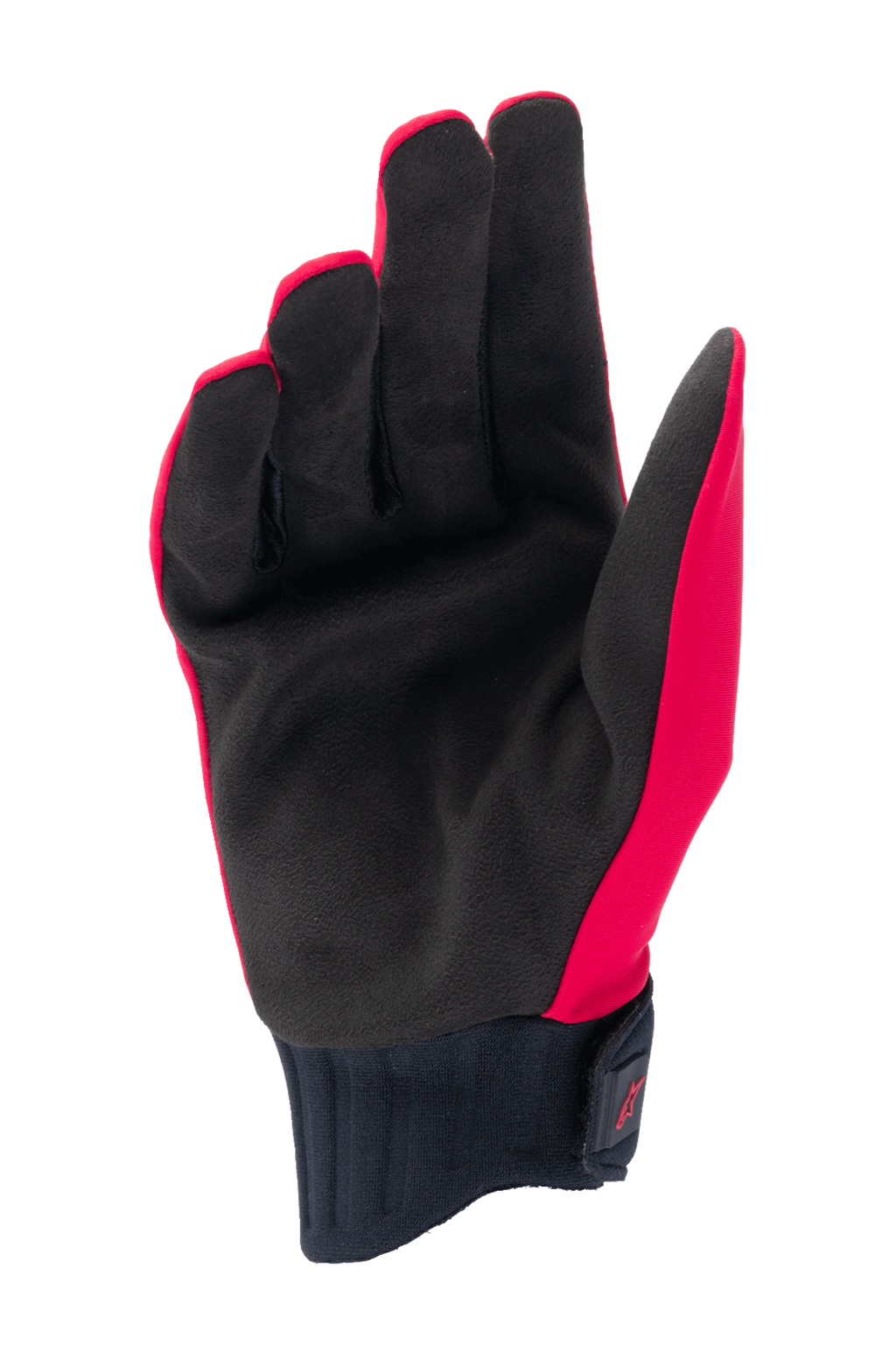 Alpinestars Stella A-Dura Rain Gloves, damskie rękawice rowerowe, czerwone fluo i czarne, widok dłoni z syntetycznego zamszu, prążkowany mankiet neoprenowy z zapięciem na rzep, wodoodporne
