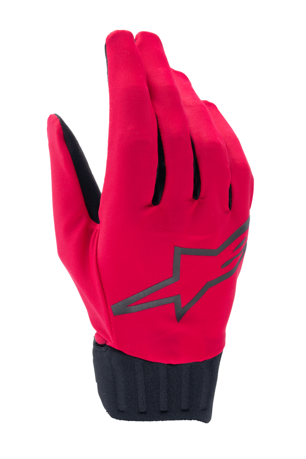 Alpinestars Stella A-Dura Rain Gloves, damskie rękawice przeciwdeszczowe MTB, czerwone fluo i czarne, z dużym czarnym logo gwiazdy, żebrowanym neoprenowym mankietem i wodoodporną konstrukcją do kolarstwa górskiego