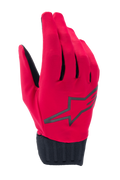 Alpinestars Stella A-Dura Rain Gloves, damskie rękawice przeciwdeszczowe MTB, czerwone fluo i czarne, z dużym czarnym logo gwiazdy, żebrowanym neoprenowym mankietem i wodoodporną konstrukcją do kolarstwa górskiego