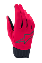 Alpinestars Stella A-Dura Rain Gloves, damskie rękawice przeciwdeszczowe MTB, czerwone fluo i czarne, z dużym czarnym logo gwiazdy, żebrowanym neoprenowym mankietem i wodoodporną konstrukcją do kolarstwa górskiego