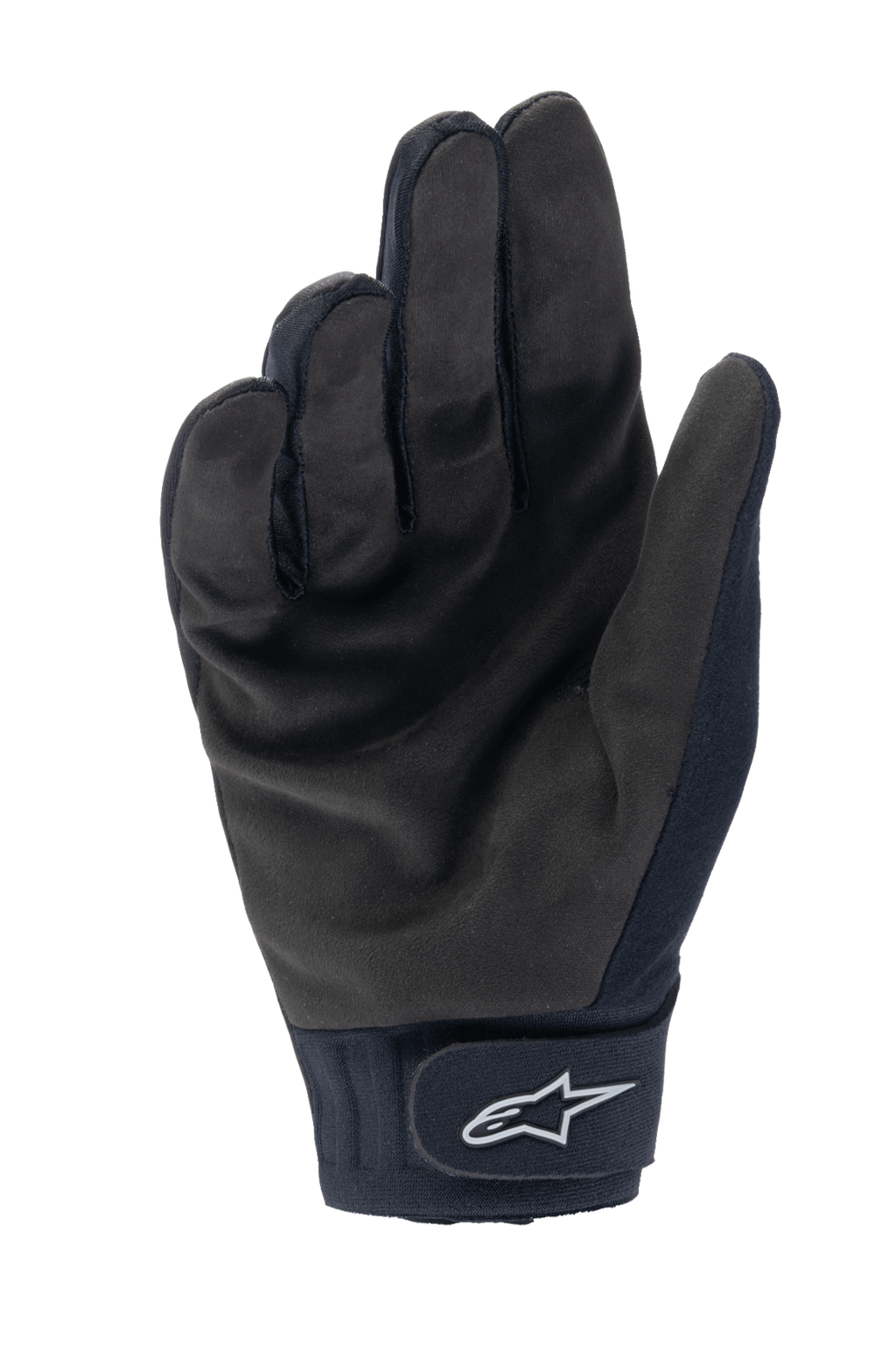 Rękawice Alpinestars Stella A-Dura Thermal, damskie rękawice rowerowe, czarne, widok od strony dłoni z teksturą syntetycznego zamszu, neoprenowy mankiet z zapięciem na rzep i białym logo gwiazdy, sprzęt MTB na zimną pogodę