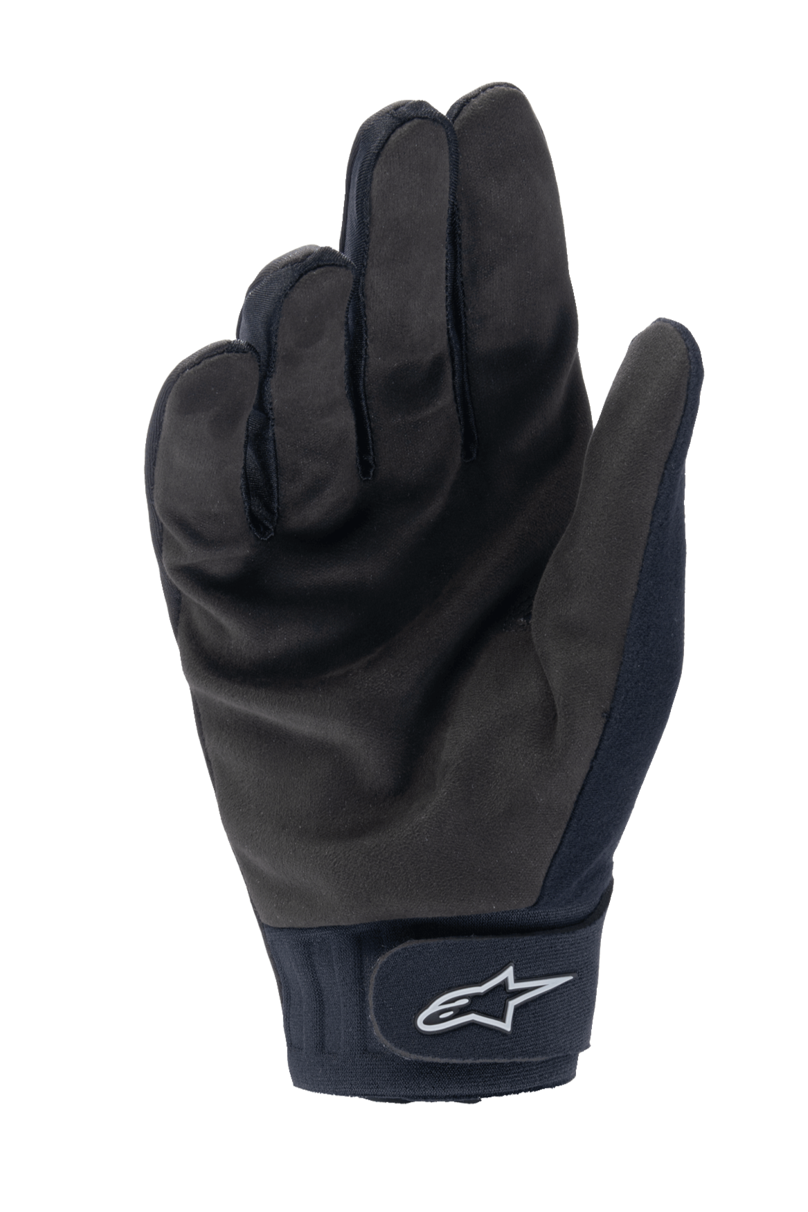 Rękawice Alpinestars Stella A-Dura Thermal, damskie rękawice rowerowe, czarne, widok od strony dłoni z teksturą syntetycznego zamszu, neoprenowy mankiet z zapięciem na rzep i białym logo gwiazdy, sprzęt MTB na zimną pogodę