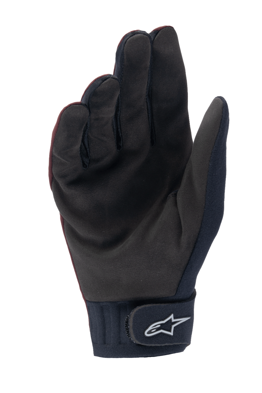 Rękawice Alpinestars Stella A-Dura Thermal, damskie rękawice MTB, ciemnobordowe i czarne, widok od strony dłoni ukazujący syntetyczny zamsz, neoprenowy mankiet z zapięciem na rzep i białym logo Alpinestars, zaprojektowane do jazdy na rowerze w chłodne dni