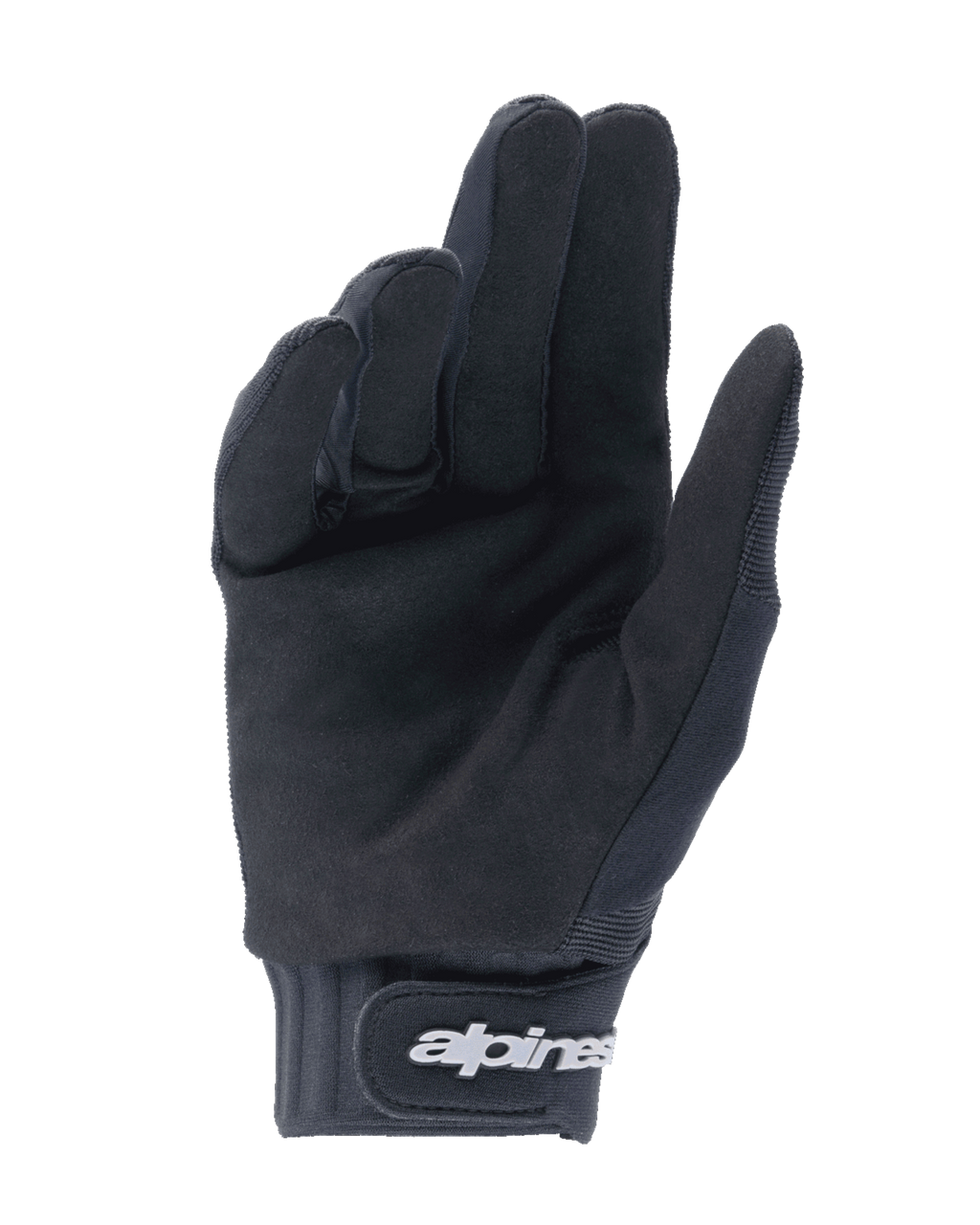 Alpinestars Youth A-Dura Gloves, czarne rękawice, widok od strony dłoni z syntetycznego zamszu dla lepszego chwytu, neoprenowy mankiet z zapięciem na rzep i białym logo, przeznaczone do jazdy MTB i terenowej dla młodzieży