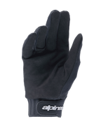 Alpinestars Youth A-Dura Gloves, czarne rękawice, widok od strony dłoni z syntetycznego zamszu dla lepszego chwytu, neoprenowy mankiet z zapięciem na rzep i białym logo, przeznaczone do jazdy MTB i terenowej dla młodzieży