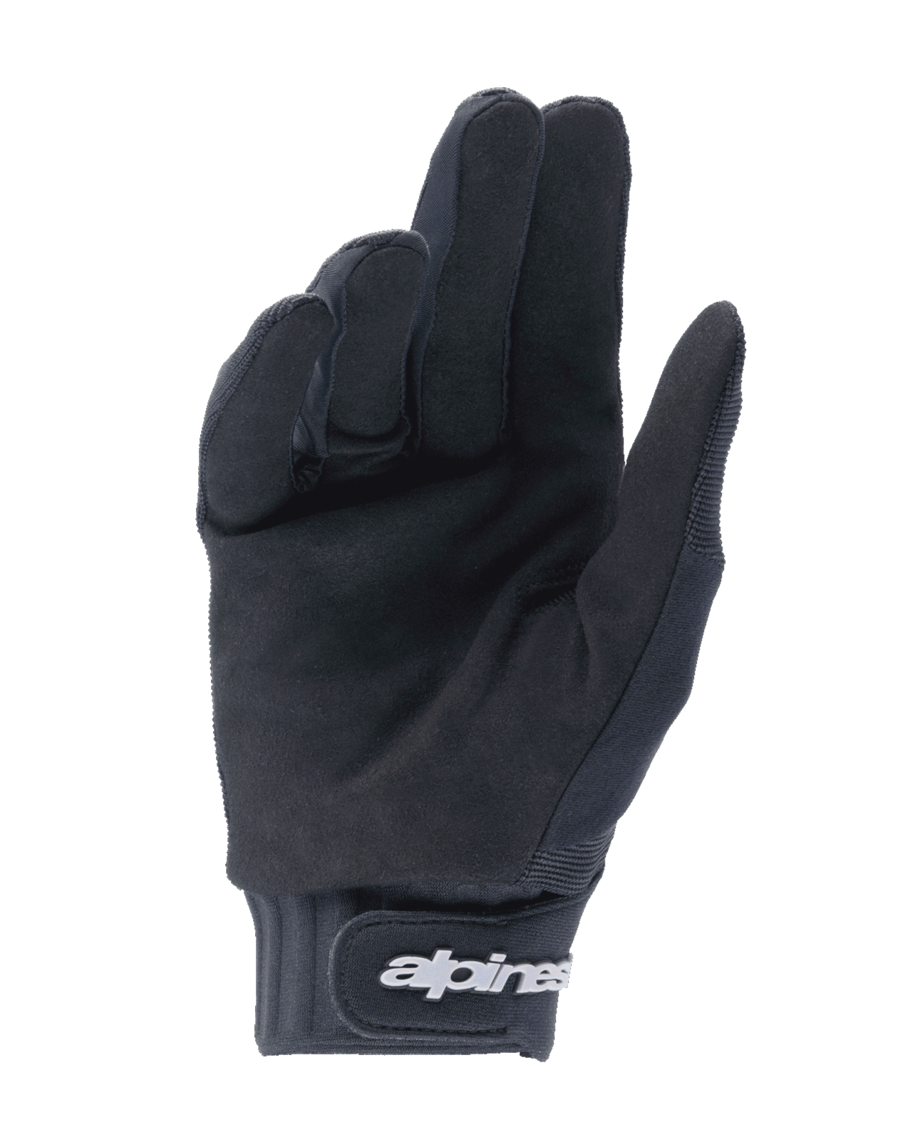 Alpinestars Youth A-Dura Gloves, czarne rękawice, widok od strony dłoni z syntetycznego zamszu dla lepszego chwytu, neoprenowy mankiet z zapięciem na rzep i białym logo, przeznaczone do jazdy MTB i terenowej dla młodzieży