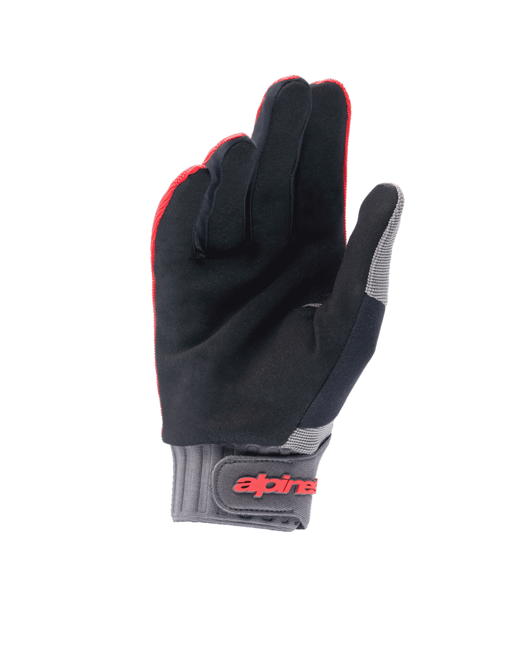 Alpinestars Youth A-Dura Gloves, młodzieżowe rękawice na rower górski, czerwony fluo i czarny, widok od strony dłoni z syntetycznego zamszu, szary neoprenowy mankiet z zapięciem na rzep i czerwonym logo Alpinestars