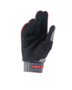 Alpinestars Youth A-Dura Gloves, młodzieżowe rękawice na rower górski, czerwony fluo i czarny, widok od strony dłoni z syntetycznego zamszu, szary neoprenowy mankiet z zapięciem na rzep i czerwonym logo Alpinestars