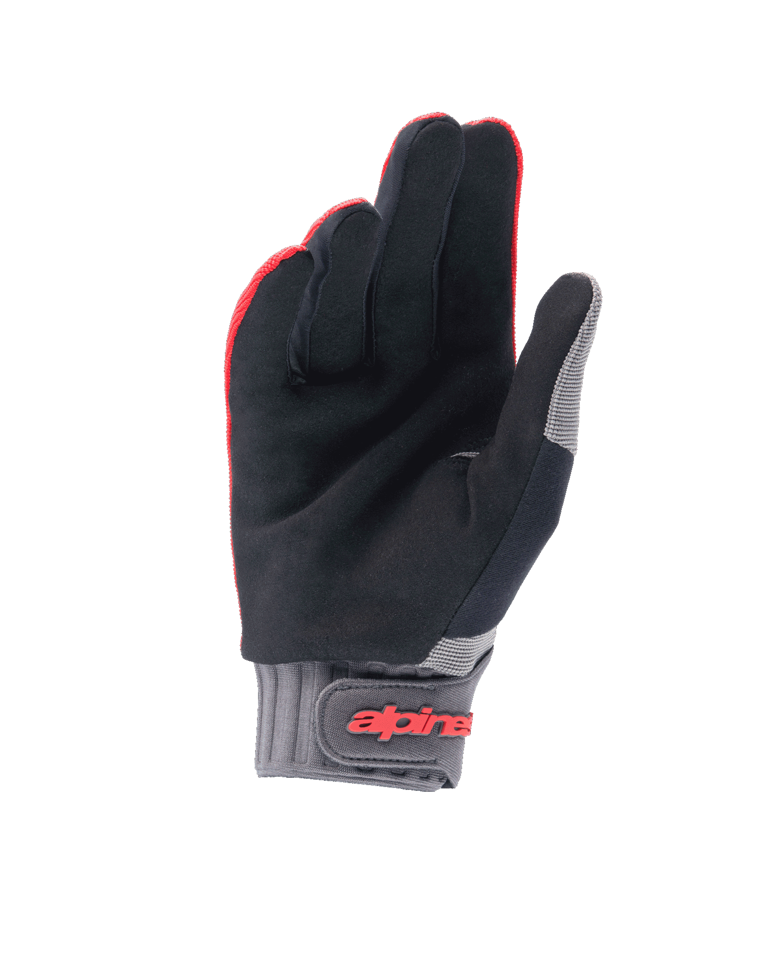 Alpinestars Youth A-Dura Gloves, młodzieżowe rękawice na rower górski, czerwony fluo i czarny, widok od strony dłoni z syntetycznego zamszu, szary neoprenowy mankiet z zapięciem na rzep i czerwonym logo Alpinestars