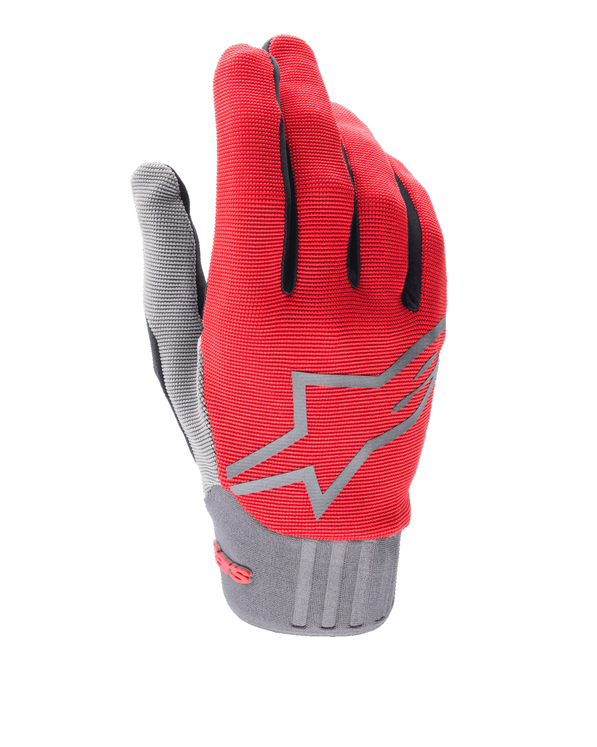 Alpinestars Youth A-Dura Gloves, czerwone i szare, młodzieżowe rękawice rowerowe MTB, szare logo gwiazdy na wierzchu, czarne akcenty na palcach, teksturowany szary mankiet, lekka syntetyczna tkanina do jazdy terenowej
