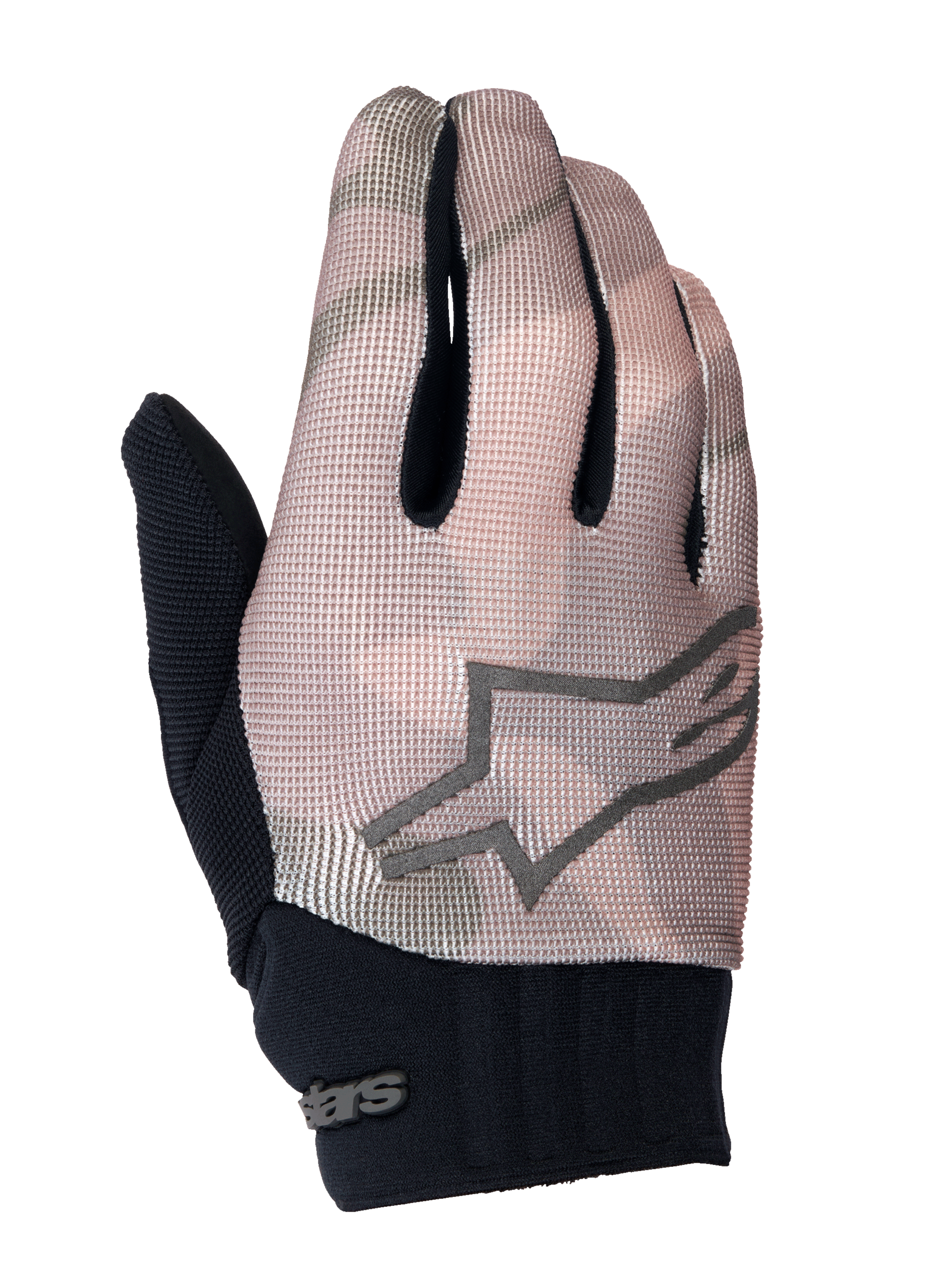 Alpinestars Youth A-Dura Gloves, młodzieżowe rękawice rowerowe MTB, brązowy kamuflaż i czarny, szare logo gwiazdy na wierzchu, czarny neoprenowy mankiet, oddychająca tekstylna góra dla młodych rowerzystów