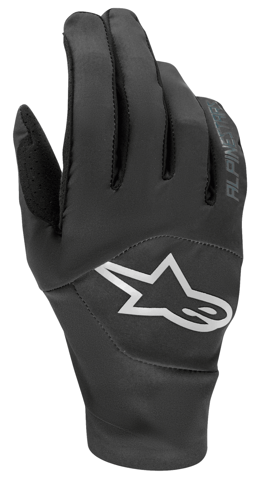 Rękawice Alpinestars Drop 4.0, rękawice rowerowe MTB, czarne z dużym białym logo gwiazdy na wierzchu dłoni, oddychająca konstrukcja z elastycznej siatki, smukły ergonomiczny design do jazdy enduro