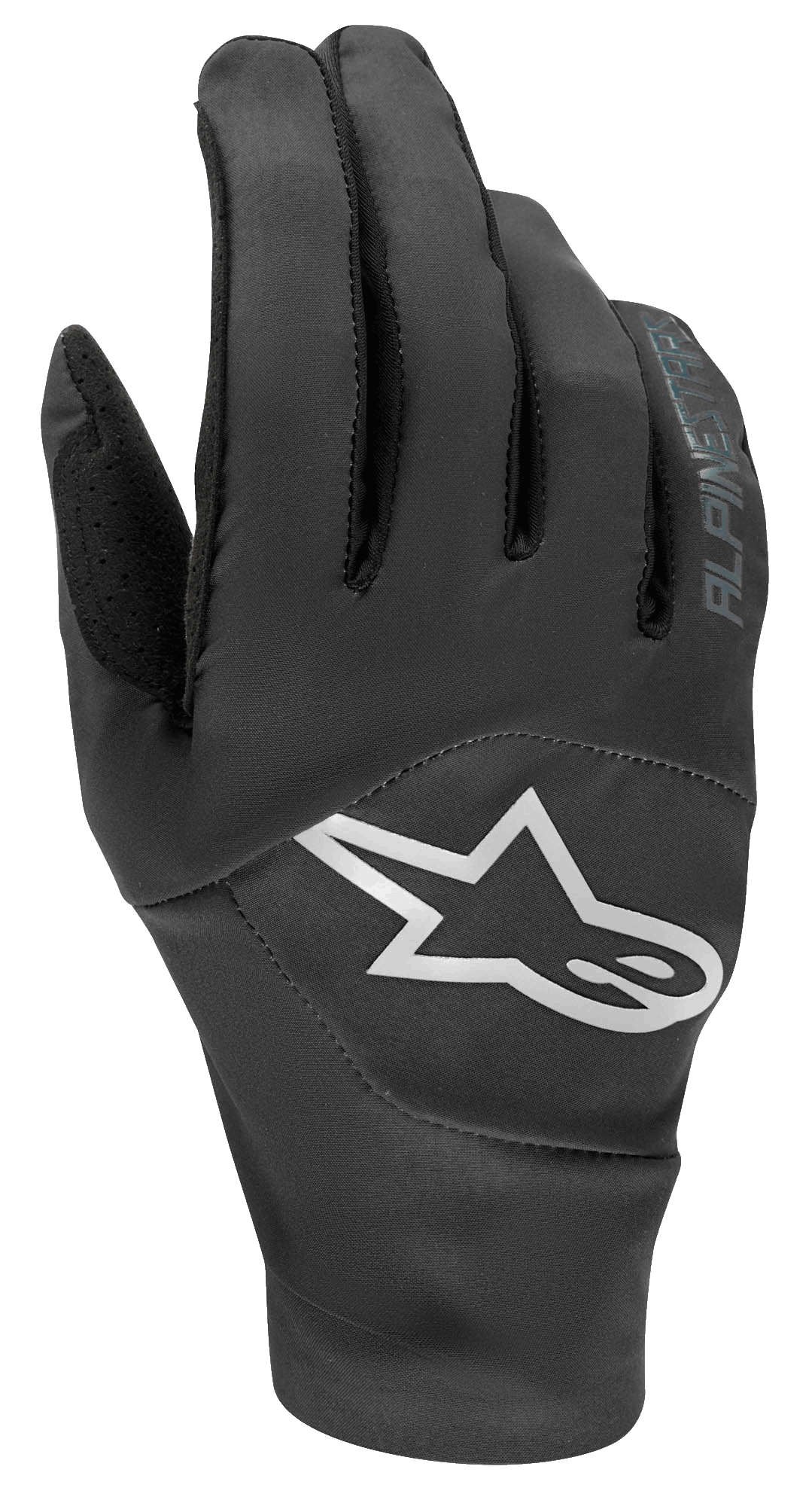 Rękawice Alpinestars Drop 4.0, rękawice rowerowe MTB, czarne z dużym białym logo gwiazdy na wierzchu dłoni, oddychająca konstrukcja z elastycznej siatki, smukły ergonomiczny design do jazdy enduro