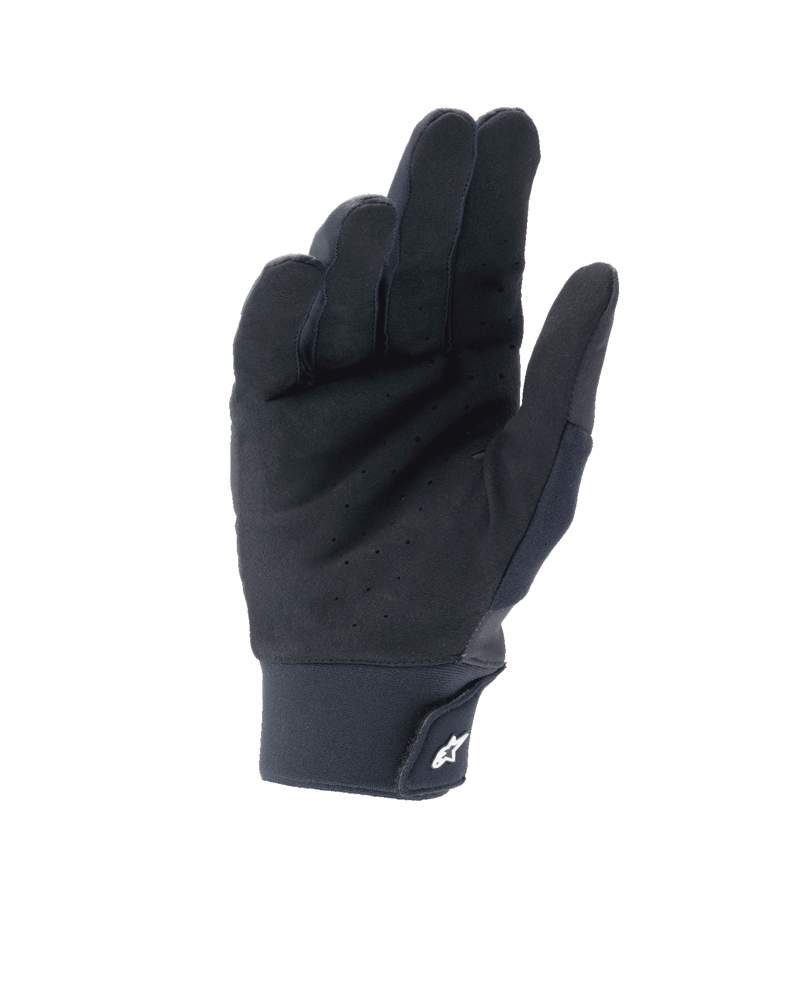 Alpinestars A-Supra Shield Gloves, Black, palm view featuring perforated synthetic suede for ventilation, neoprene cuff with hook and loop closure and white star logo, technical gear for MTB and gravity riding