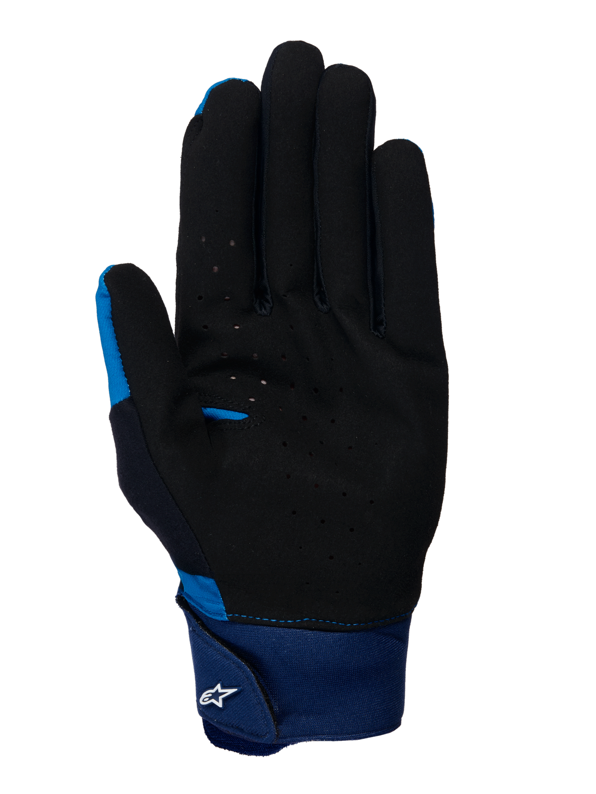 Rękawice Alpinestars A-Supra, niebieskie rękawice MTB, widok od strony dłoni z czarnego perforowanego zamszu, duży niebieski neoprenowy mankiet z zapięciem na rzep i białym logo Astars