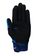 Rękawice Alpinestars A-Supra, niebieskie rękawice MTB, widok od strony dłoni z czarnego perforowanego zamszu, duży niebieski neoprenowy mankiet z zapięciem na rzep i białym logo Astars
