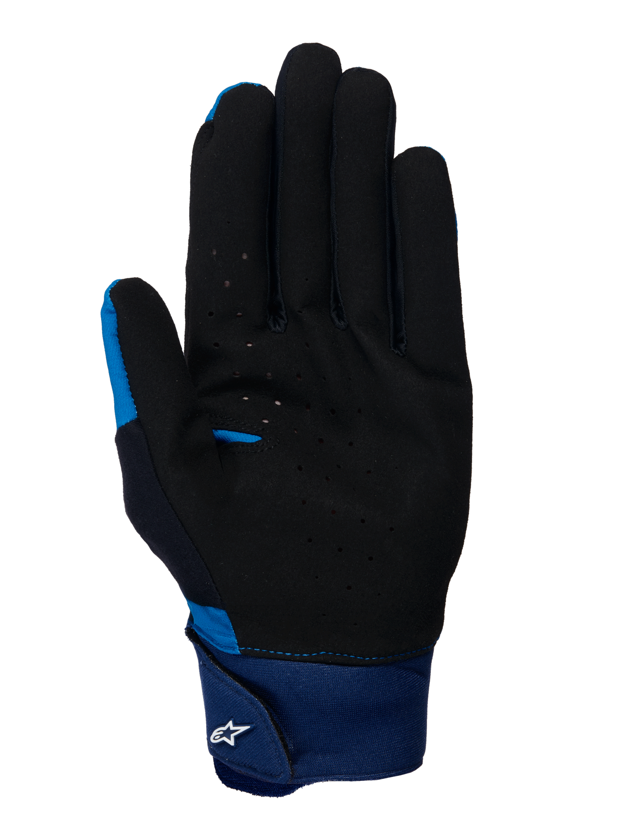 Rękawice Alpinestars A-Supra, niebieskie rękawice MTB, widok od strony dłoni z czarnego perforowanego zamszu, duży niebieski neoprenowy mankiet z zapięciem na rzep i białym logo Astars