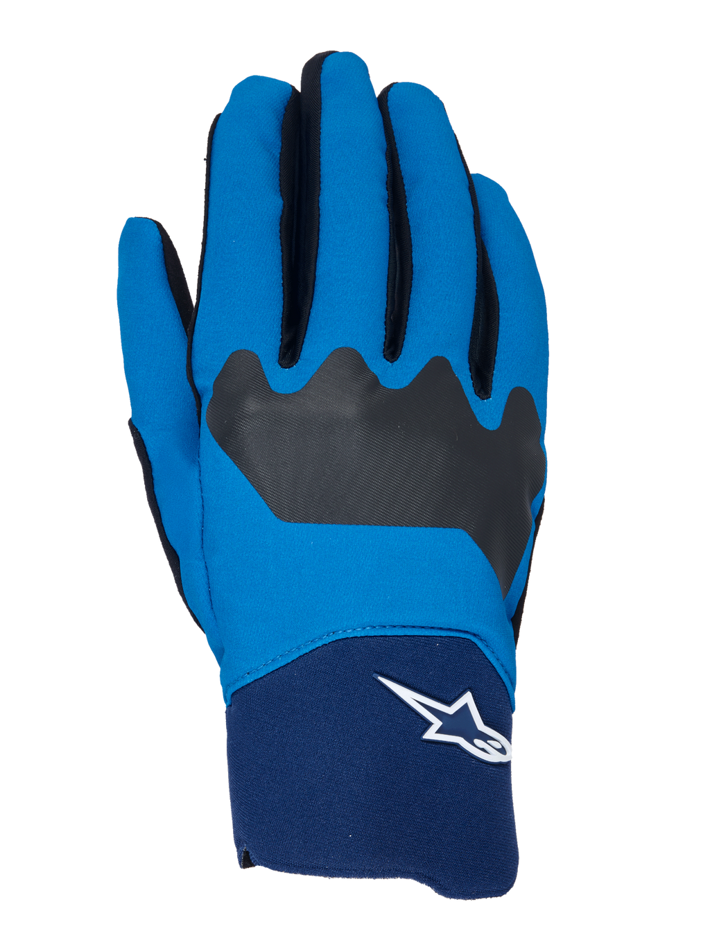 Alpinestars A-Supra, rękawice rowerowe MTB, niebieskie i granatowe z czarnymi akcentami, białe logo Astars na mankiecie, elastyczna konstrukcja z tkaniny zapewniająca wydajność w terenie