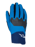 Alpinestars A-Supra, rękawice rowerowe MTB, niebieskie i granatowe z czarnymi akcentami, białe logo Astars na mankiecie, elastyczna konstrukcja z tkaniny zapewniająca wydajność w terenie
