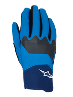 Alpinestars A-Supra, rękawice rowerowe MTB, niebieskie i granatowe z czarnymi akcentami, białe logo Astars na mankiecie, elastyczna konstrukcja z tkaniny zapewniająca wydajność w terenie