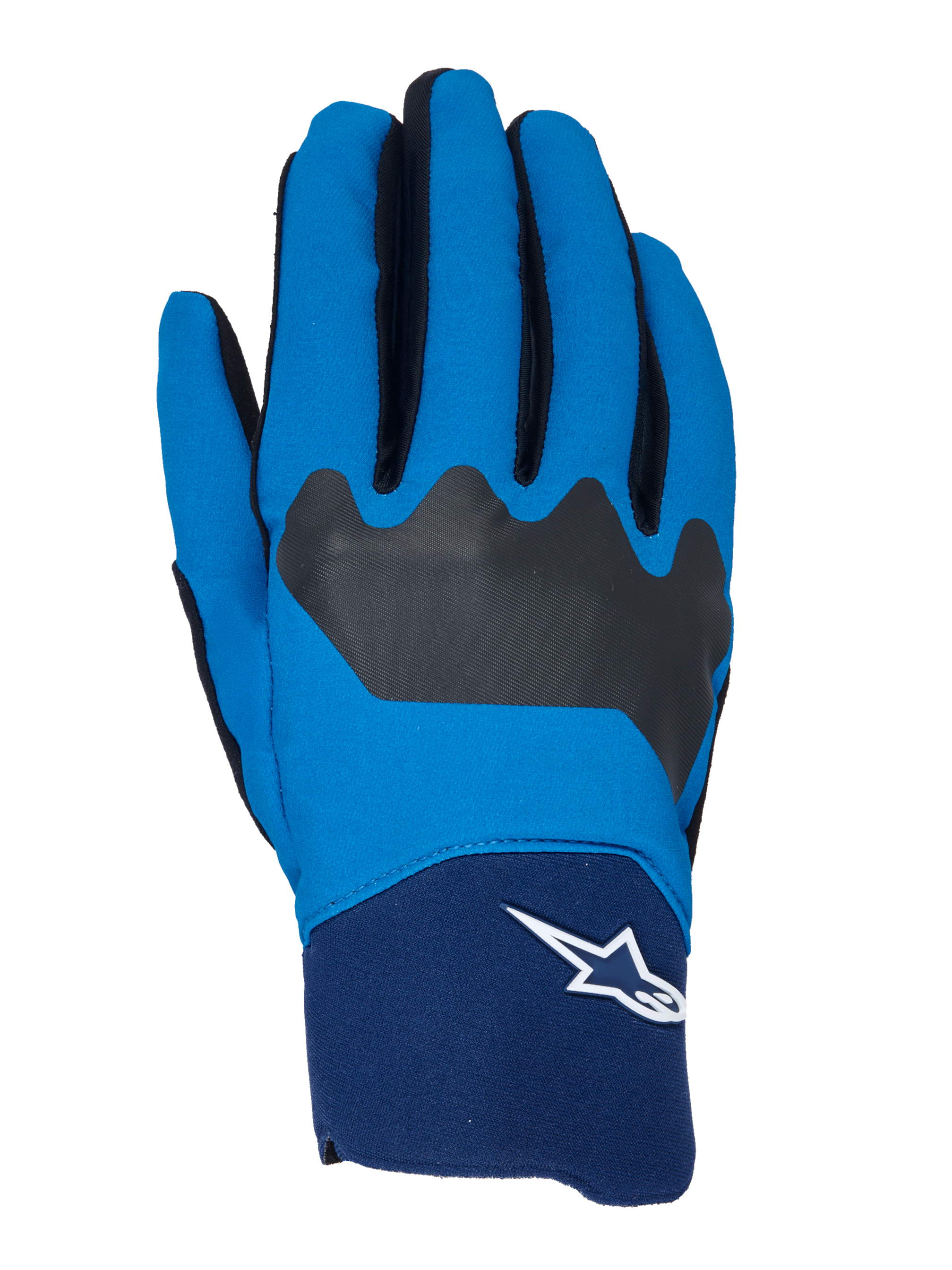 Alpinestars A-Supra, rękawice rowerowe MTB, niebieskie i granatowe z czarnymi akcentami, białe logo Astars na mankiecie, elastyczna konstrukcja z tkaniny zapewniająca wydajność w terenie
