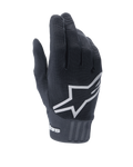 Alpinestars A-Dura Gloves, czarne rękawice do roweru górskiego, z dużym białym logo gwiazdy na wierzchu, teksturowany elastyczny materiał i szeroki neoprenowy mankiet z brandingiem, zaprojektowane do wydajnej jazdy w terenie.