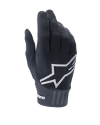 Alpinestars A-Dura Gloves, czarne rękawice do roweru górskiego, z dużym białym logo gwiazdy na wierzchu, teksturowany elastyczny materiał i szeroki neoprenowy mankiet z brandingiem, zaprojektowane do wydajnej jazdy w terenie.