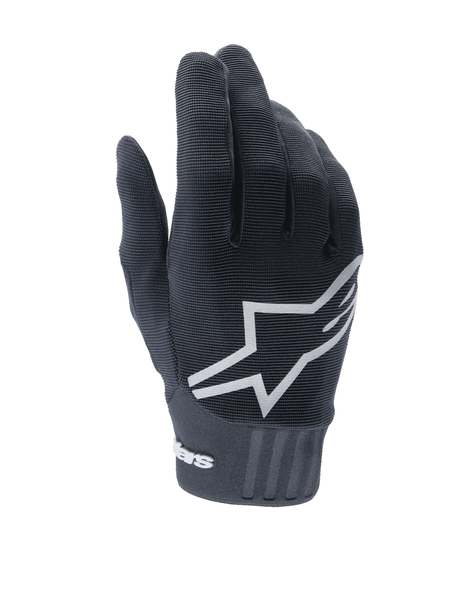 Alpinestars A-Dura Gloves, Black Mountain Bike Gloves, featuring a large white star logo on the back, textured stretch fabric, and a wide neoprene cuff with branding, designed for off-road cycling performance.