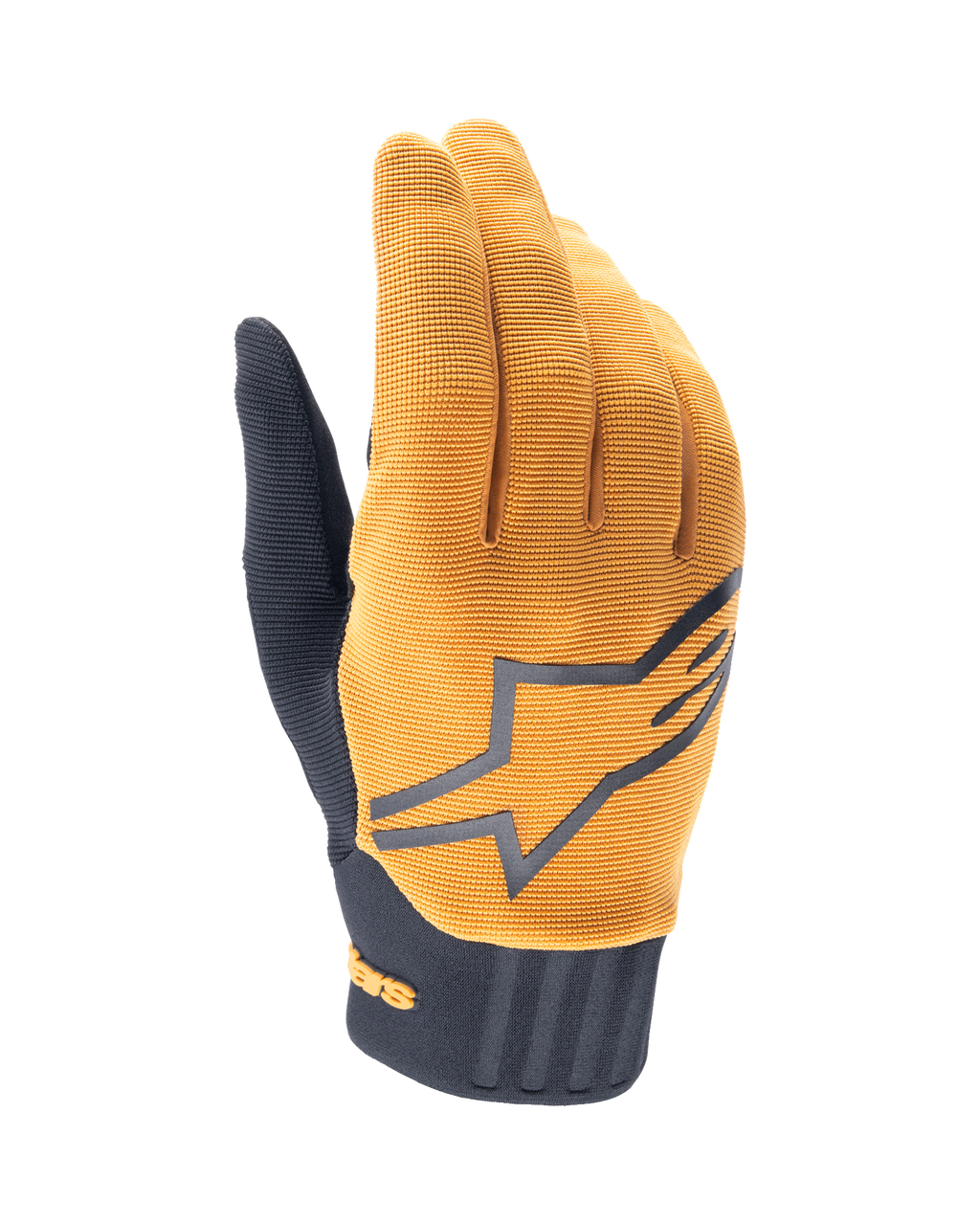 Alpinestars A-Dura Gloves, rękawice rowerowe MTB, ciemnozłote i czarne, teksturowany złoty wierzch z dużym szarym logo Alpinestars, czarny neoprenowy mankiet, zapewniające chwyt i mobilność w kolarstwie terenowym