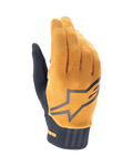 Alpinestars A-Dura Gloves, rękawice rowerowe MTB, ciemnozłote i czarne, teksturowany złoty wierzch z dużym szarym logo Alpinestars, czarny neoprenowy mankiet, zapewniające chwyt i mobilność w kolarstwie terenowym