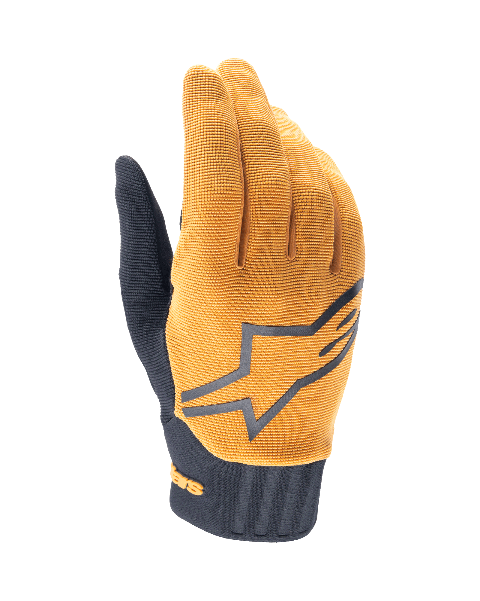 Alpinestars A-Dura Gloves, rękawice rowerowe MTB, ciemnozłote i czarne, teksturowany złoty wierzch z dużym szarym logo Alpinestars, czarny neoprenowy mankiet, zapewniające chwyt i mobilność w kolarstwie terenowym