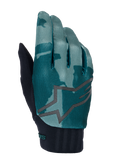Rękawice Alpinestars A-Dura, rękawice rowerowe MTB, Green Camo, turkusowy i ciemnozielony wzór moro z dużym szarym logo gwiazdy, czarny prążkowany mankiet z neoprenu, odzież techniczna do kolarstwa terenowego