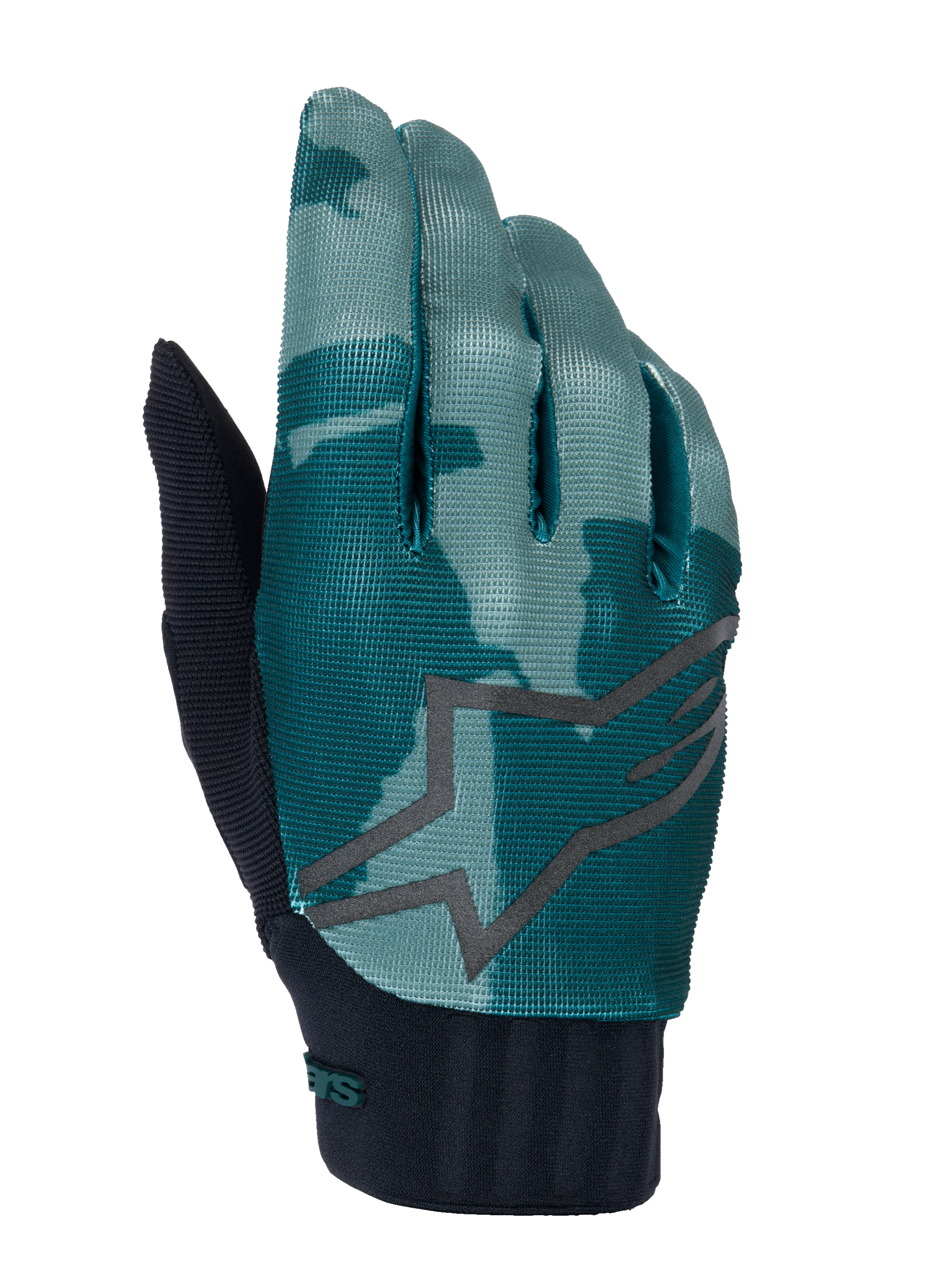 Rękawice Alpinestars A-Dura, rękawice rowerowe MTB, Green Camo, turkusowy i ciemnozielony wzór moro z dużym szarym logo gwiazdy, czarny prążkowany mankiet z neoprenu, odzież techniczna do kolarstwa terenowego