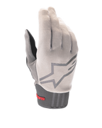 Rękawice Alpinestars A-Dura, rękawice rowerowe MTB, jasnoszare i grafitowe, z dużym logo gwiazdy na grzbiecie, czerwonym brandingiem Alpinestars na neoprenowym mankiecie, wierzchem z teksturowanej elastycznej tkaniny i ergonomicznym designem do jazdy w terenie