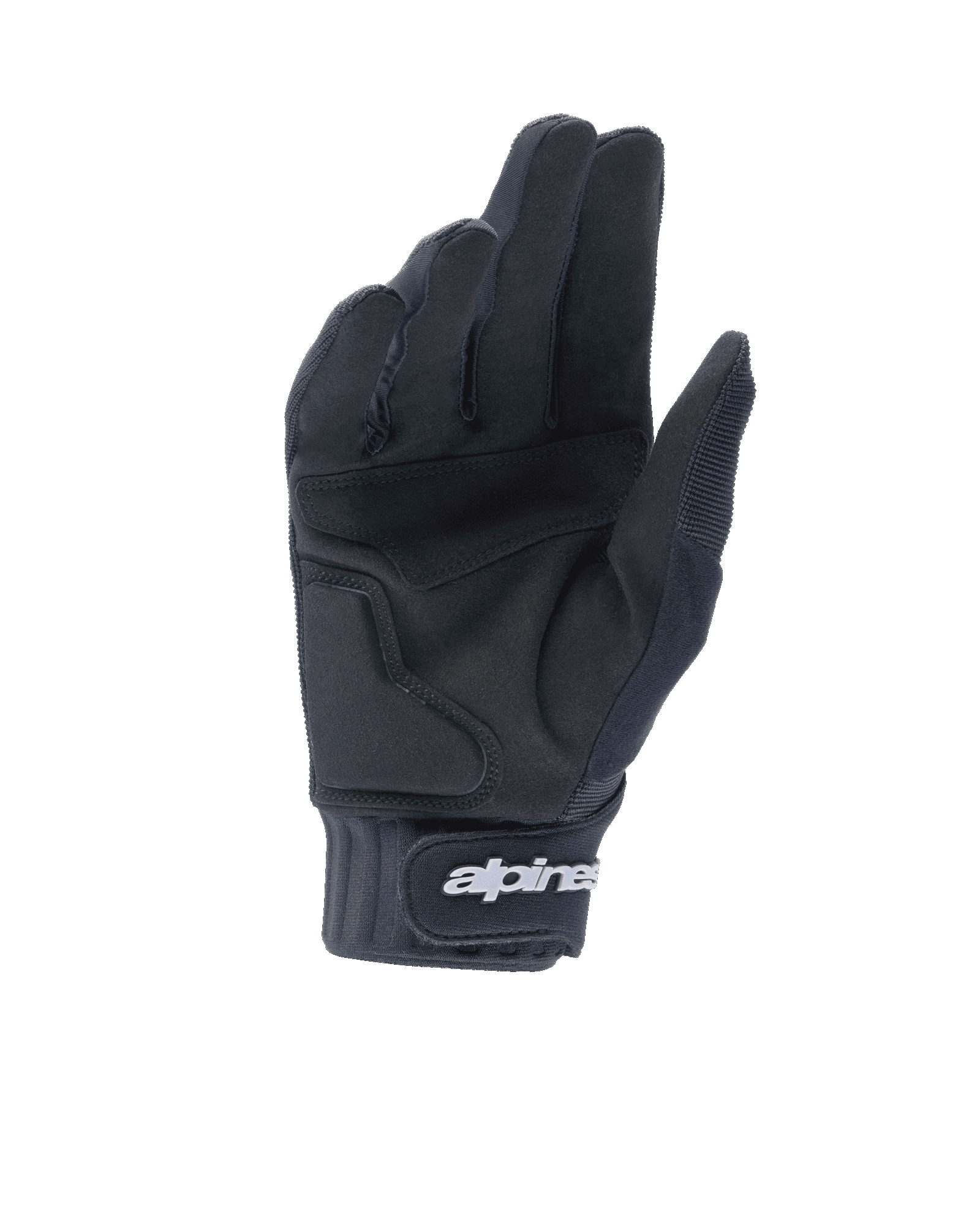 Alpinestars A-Dura Gel Gloves, Black Mountain Bike Gloves, Palm View showing synthetic suede construction and gel padding, neoprene cuff with hook and loop closure featuring white Alpinestars branding, ergonomic cycling gear for trail and enduro riding