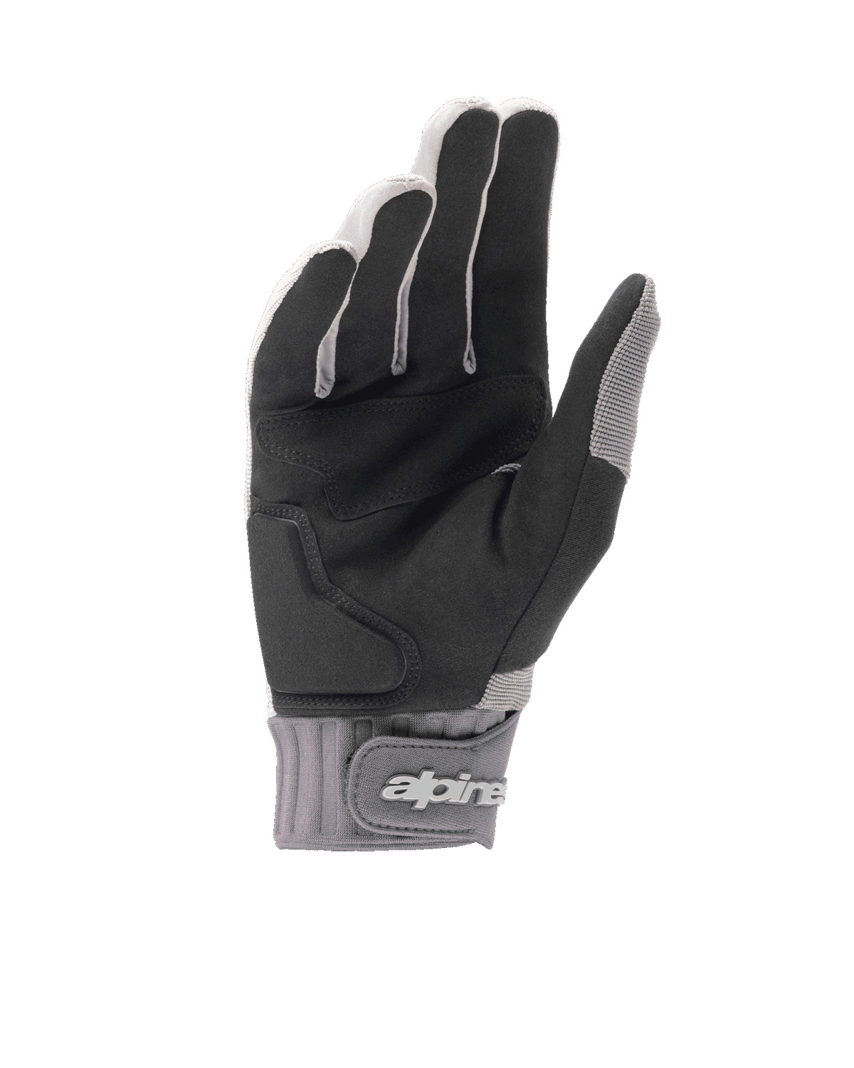 Rękawiczki Alpinestars A-Dura Gel, jasnoszare i czarne rękawiczki na rower górski, widok od strony dłoni przedstawiający czarny syntetyczny zamsz z żelową wyściółką, neoprenowy mankiet z zapięciem na rzep i logo marki, ergonomiczny sprzęt kolarski