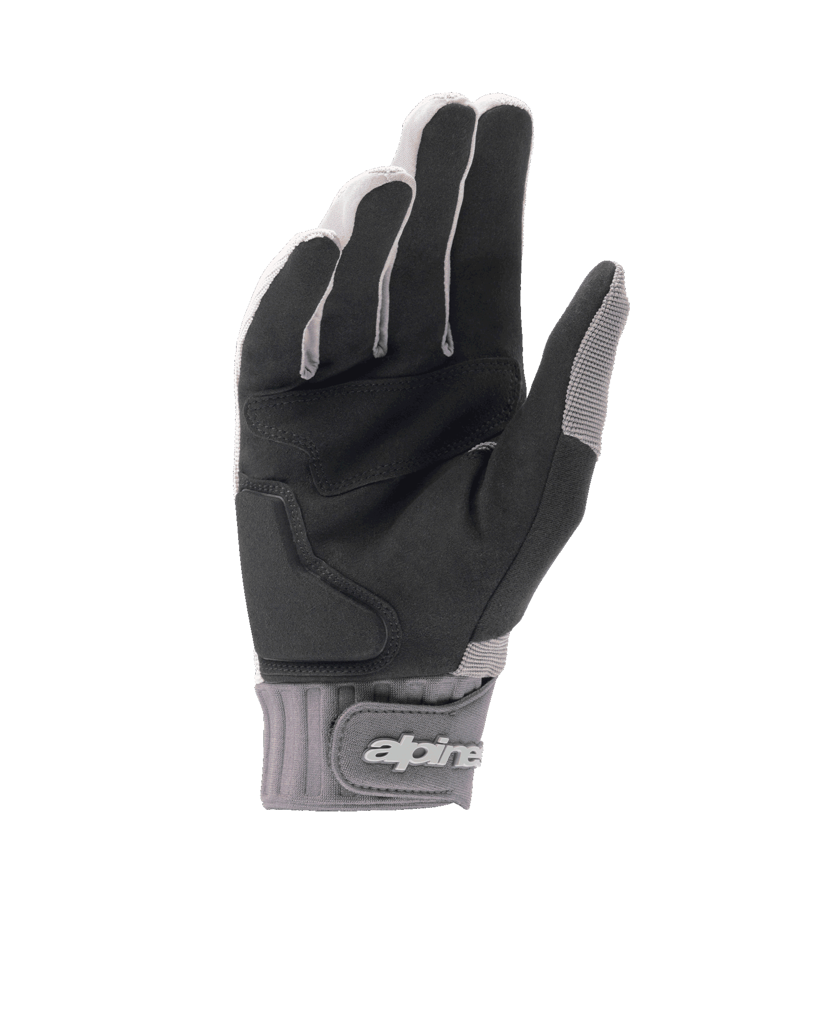 Rękawiczki Alpinestars A-Dura Gel, jasnoszare i czarne rękawiczki na rower górski, widok od strony dłoni przedstawiający czarny syntetyczny zamsz z żelową wyściółką, neoprenowy mankiet z zapięciem na rzep i logo marki, ergonomiczny sprzęt kolarski