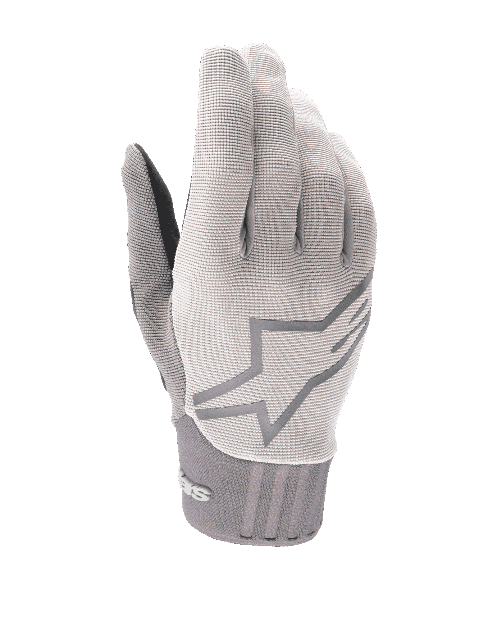Alpinestars A-Dura Gel Gloves, rękawice na rower górski, jasnoszare, teksturowany materiał z dużym logo gwiazdy na wierzchu, neoprenowy mankiet, ergonomiczna żelowa wyściółka dłoni do jazdy w terenie