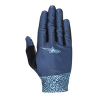 Damskie rękawice Alpinestars Stella Alderex Pro, kolor Mid Blue, rękawice rowerowe MTB i off-road, widok z góry, oddychająca elastyczna siatka, jasnoniebieskie logo, abstrakcyjny wzór na mankiecie i czarna wstawka z frotte na kciuku