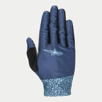 Alpinestars Stella Alderex Pro Gloves, damskie rękawice MTB, Mid Blue, ciemnoniebieski teksturowany wierzch dłoni z jasnoniebieskim logo gwiazdy, jasnoniebieski wzorzysty mankiet i czarna łatka na kciuku, przeznaczone do jazdy terenowej