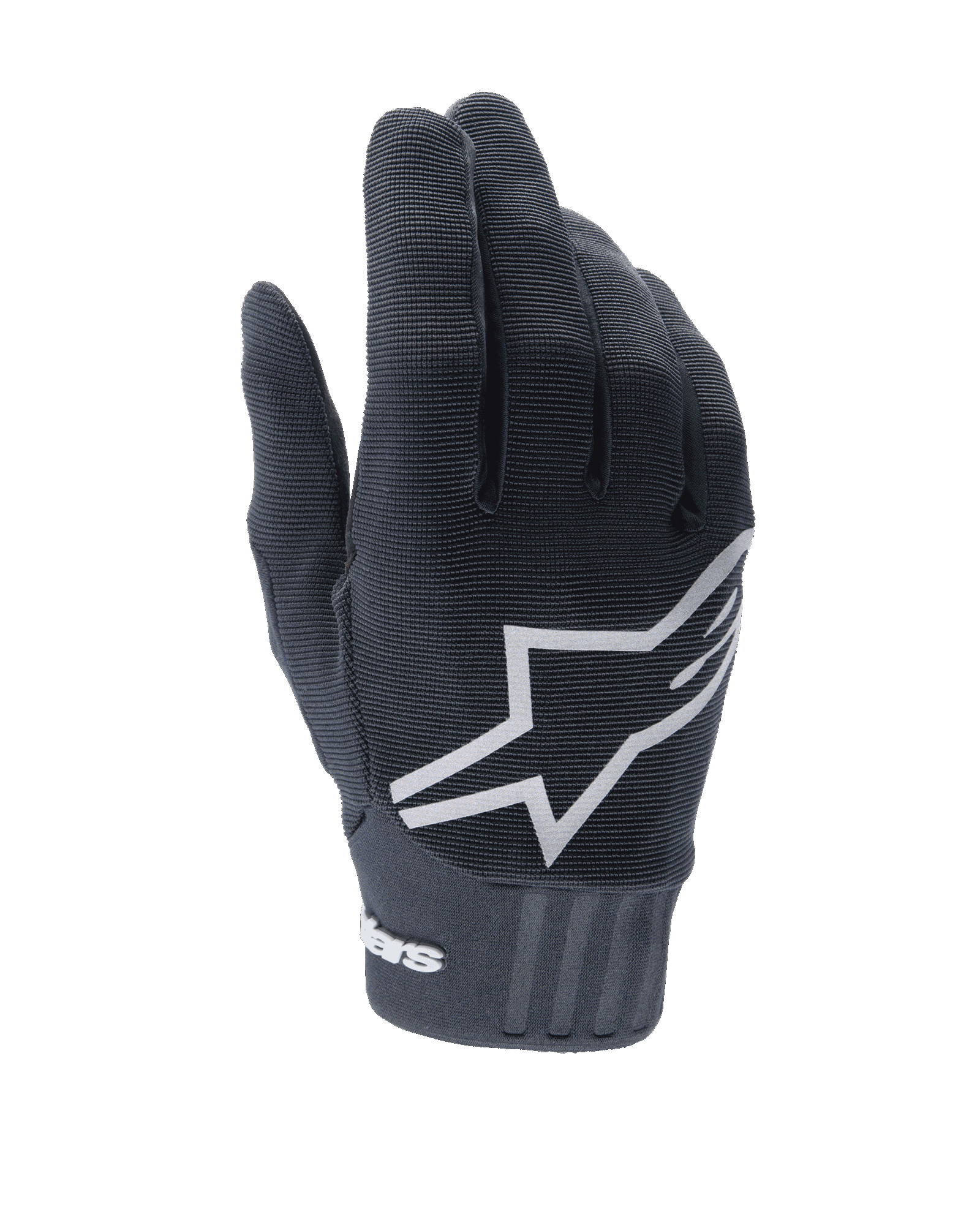 Alpinestars Stella A-Dura, damskie rękawice MTB, czarne z wyraźnym białym logo gwiazdy na wierzchu, prążkowana tekstura materiału, dopasowany krój z neoprenowym mankietem do jazdy na rowerze górskim